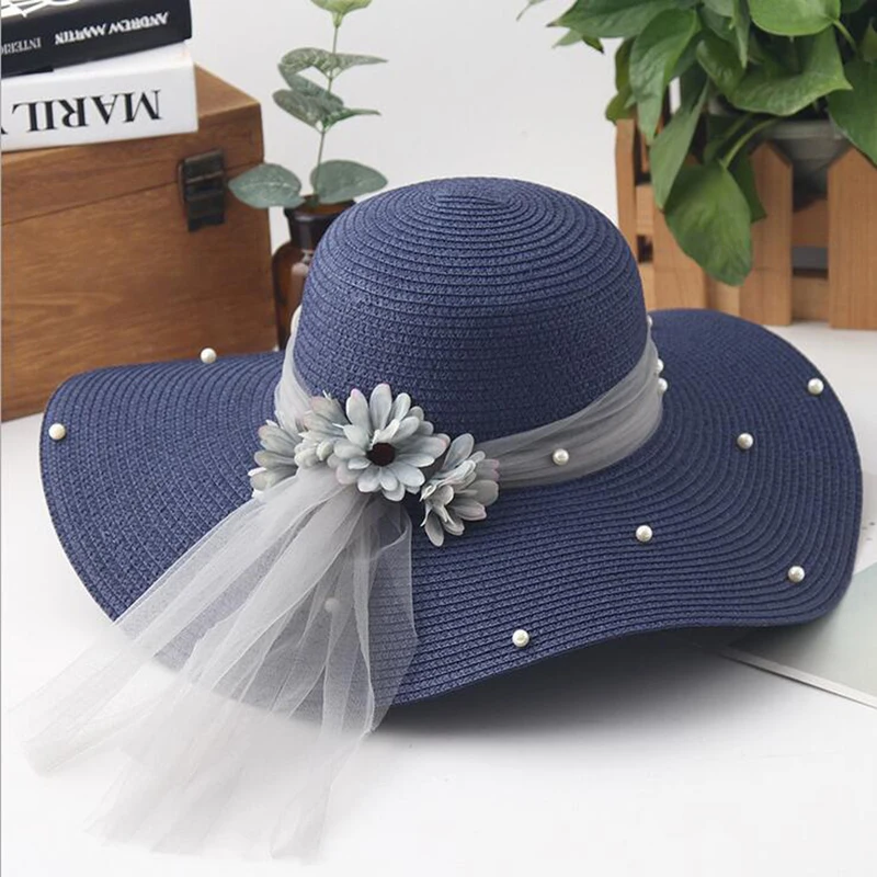 

Fashion flower woman sun hats foldable wide wave brim hand made straw hat female casual shade woman summer beach cap anti-uv