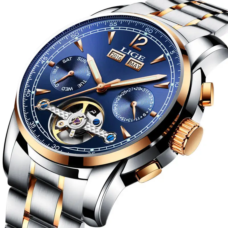 Relojes LIGE, Мужские автоматические механические Спортивные часы, мужские роскошные Брендовые повседневные часы, мужские наручные часы, армейские часы, relogio masculino - Цвет: gold blue