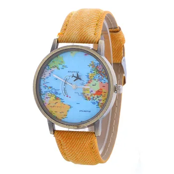 

Women Dress Watches Vintage Men Travel By Plane Map Denim Fabric Band Watch funny pins simple watches best gift reloj hombre