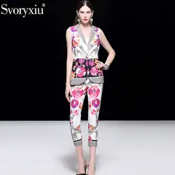 Svoryxiu взлетно-посадочной полосы брендовые осенние модные брюки набор Для женщин блестками Бисер пальто + лодыжки Длина штаны с цветочным