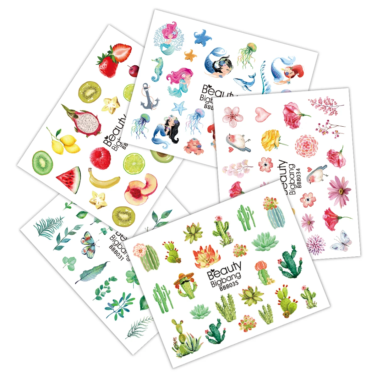

BEAUTYBIGBANG 1 Sheet Nail Sticker Decals Water Transfer Fruit Leaf Flower Mermaid Cactus Beauty Decoration Designs DIY Color T