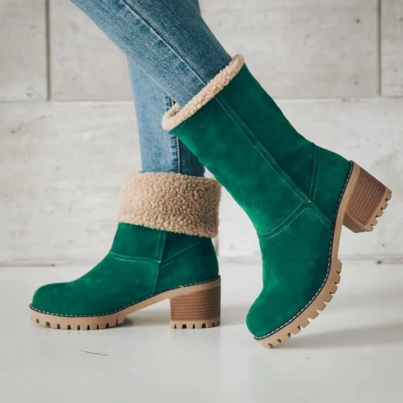 Koop Vrouwen laarzen vrouw winter schoenen vrouwen sneeuw huid warme laarzen mode vierkante hak enkellaars zwart groen laarzen vrouw