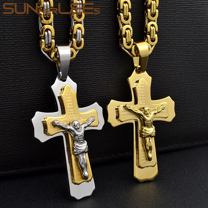 

SUNNERLEES Gold Color Stainless Steel Jesus Christ Cross Pendant Necklace Byzantine Link Chain For Men SP216