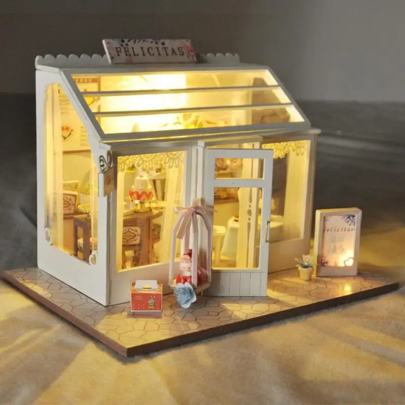 Детские DIY Деревянные маленькие Кукольный дом в сборе, набор для свадьбы/торта/цветочного магазина, модельные комплекты для строительства, детский Кукольный домик ручной работы
