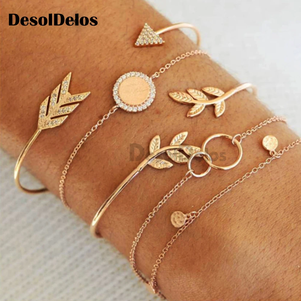 

5PCS/set Bohemian Arrow Leaves Round Charm Bracelets For Women Girls Crystal Gold Chain Bracelets Sets Jewelry Gifts
