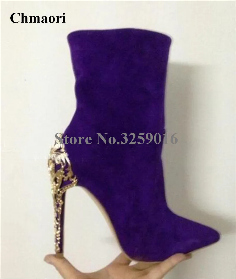

2018 New Fashion Women Luxury Gold Metal Decorated Heel Short Boots Suede Leather Cut-outs Metal High Heels Ankle Booties