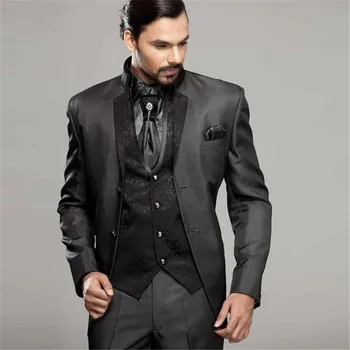 

2018 latest coat pant designs stand collar black men suits floral vests for prom party Italian costume elegant terno 3 pieces