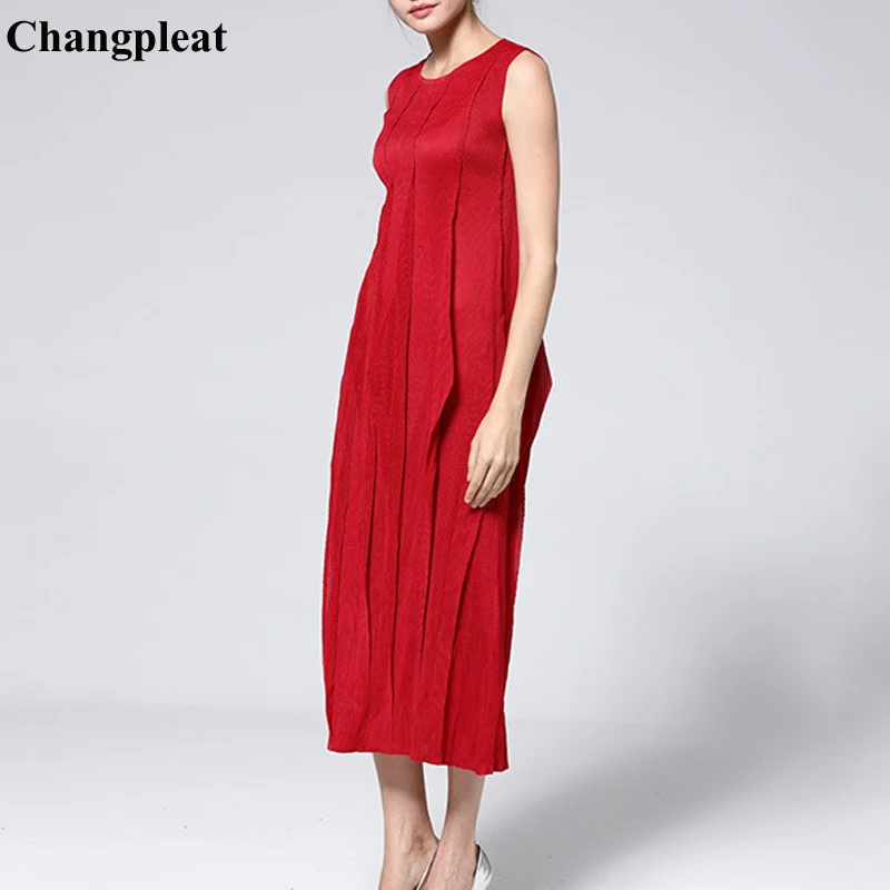 Changpleat летний для женщин макси платья miяк плиссированные модные однотонные узкие с эластичным поясом без рукавов большой размеры женское платье