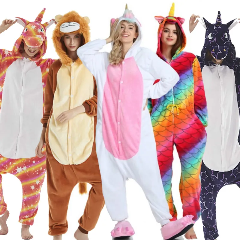 

Adults Animal Kigurumi Pajamas Sets Sleepwear Cosplay Zipper Women Men Flannel Unisex unicornio Stitch Cartoon Unicorn Pajamas