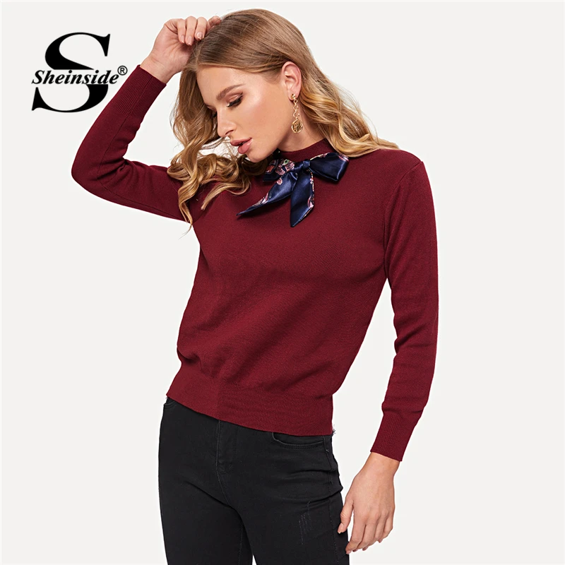 Sheinside, бордовый, осенний, однотонный, вязаный, украшение, свитера, мода, Женский пуловер с длинным рукавом, Повседневный, для девушек, джемпер, свитер