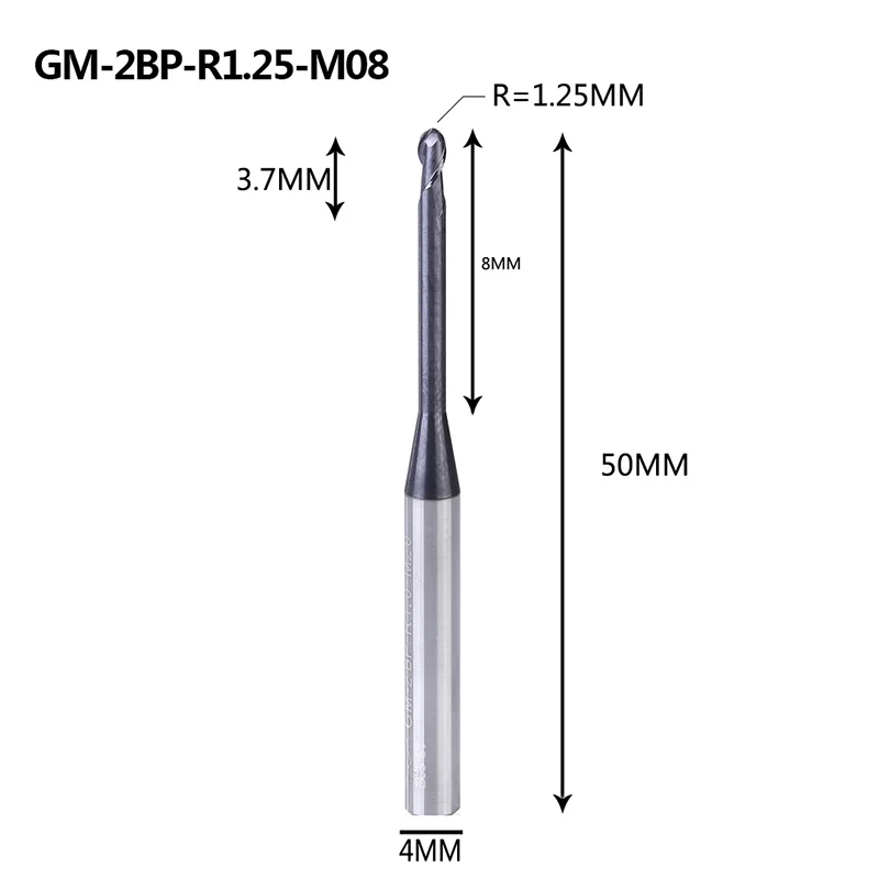 GM-2BP R1.0-R2.5 твердосплавная Концевая фреза 2 флейты с круглым носом и длинной шеей с коротким отрезным краем с покрытием фрезерный станок с ЧПУ режущие инструменты - Длина режущей кромки: GM-2BP-R1.25-M08