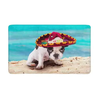 

French Bulldog Puppy in Mexican Sombrero on The Beach Indoor Doormat Latex Backing Non Slip Door Mat Entrance Rug