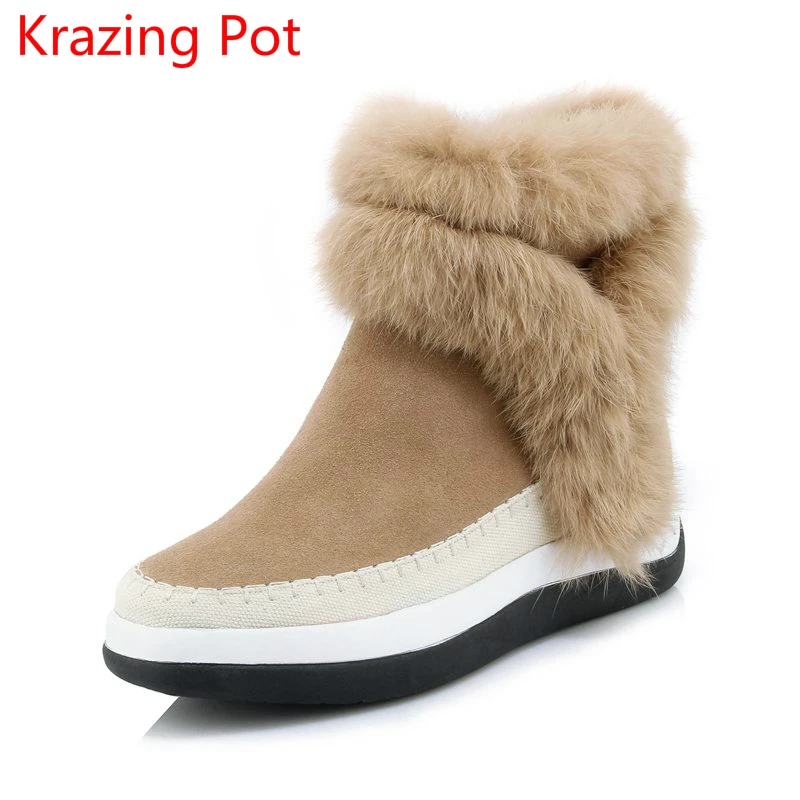 

2018 Superstar Cow Suede Rabbit Fur Round Toe Keep Warm Leisure Winter Boots Gladitor Runway Increased Women Mid-calf Boots L16