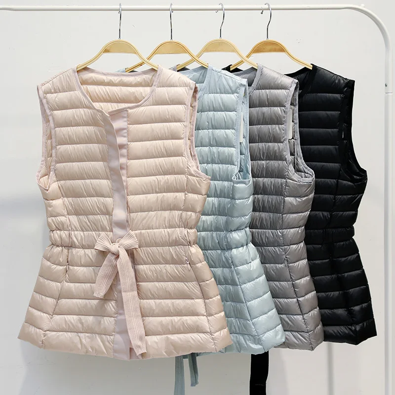 

New Spring Autumn Vintage Drawstring Light Thin Down Vest Women Outwear Sweet O-Neck Short Vests Fashion sleeveless jacket Mw579