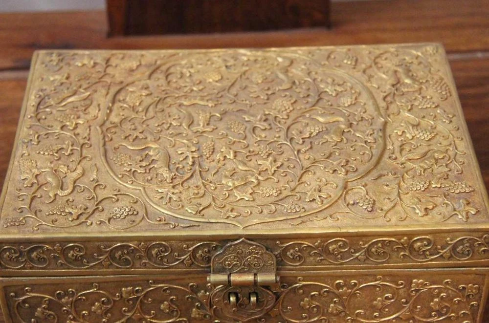 ヴィンテージ手作り彫る刻ま銅24 Kゴールド金箔ジュエリーボックスジュエルケース Case Case Case Goldcase Jewels Box Aliexpress