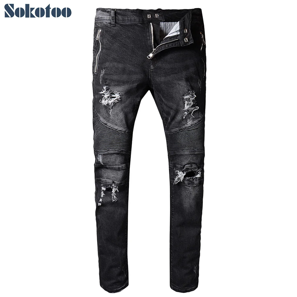 Verwonderend Sokotoo mannen zwarte gaten ripped gescheurd biker jeans Casual OZ-89