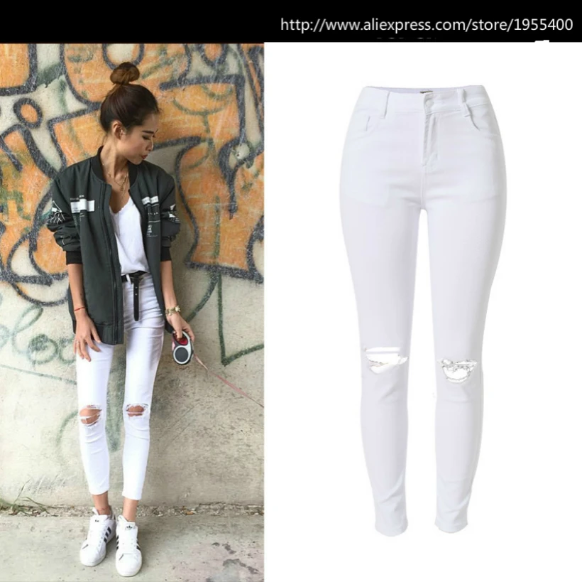 Модные белые рваные джинсы женские c высокой талией, эластичные выдалбливают обтягивающие джинсы Mujer с дырками на коленях винтажная стирка Pantalon Femme