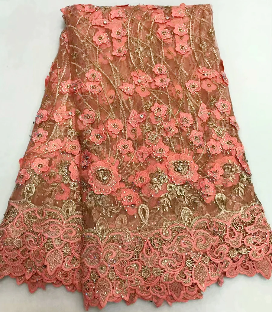 

High Quality Nigerian Lace Fabric 2018 With Stones Peach African French Net Lace Fabric 3D Flower Embroidered Tulle Mesh Lace