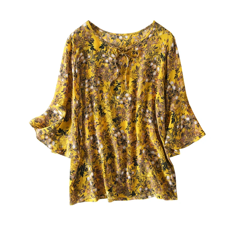 

Women Summer 100% Natural Silk Blouse Real Silk Flare Sleeve Basic Shirt floral print casual Top Shirts Silk Blouses for Women