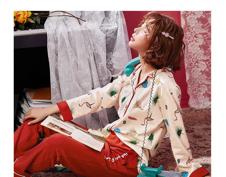 Fdfklak осень 2018 Пижама Для женщин комплект Костюмы новое поступление с длинным рукавом пижамы Хлопковая пижама Пижамы Ночная Одежда Домашняя