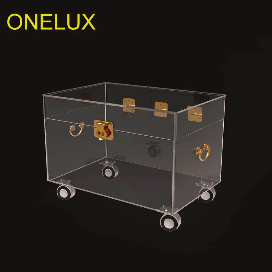 ONELUX Clear Acrylic Storage Chest ,Lucite Trunk Coffee Table On Wheels