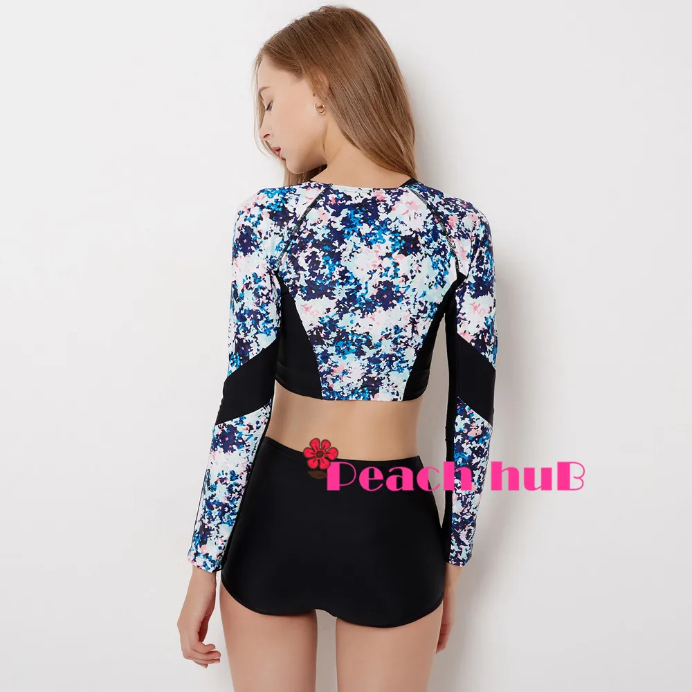 Sport Swimsuit 3 Piece Bathing Suit Long Sleeve Swim Tights Rashguard Women Surf Suit Plus Size Swimwear Shorts High Waisted (8)