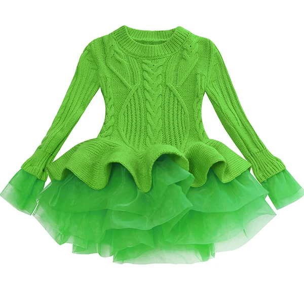 Г. Весна-осень; теплое платье-свитер для маленьких девочек; вязаные платья для девочек; кружевное платье с длинными рукавами и цветочным рисунком; одежда для детей; детская одежда - Цвет: Green
