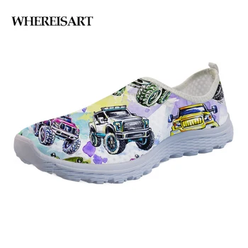 

WHEREISART Casual Ladies Flats Shoes Cartoon 3D Truck Car Pattern Summer Stylish Walking Shoes for Teenage Girls Mesh Zapatos