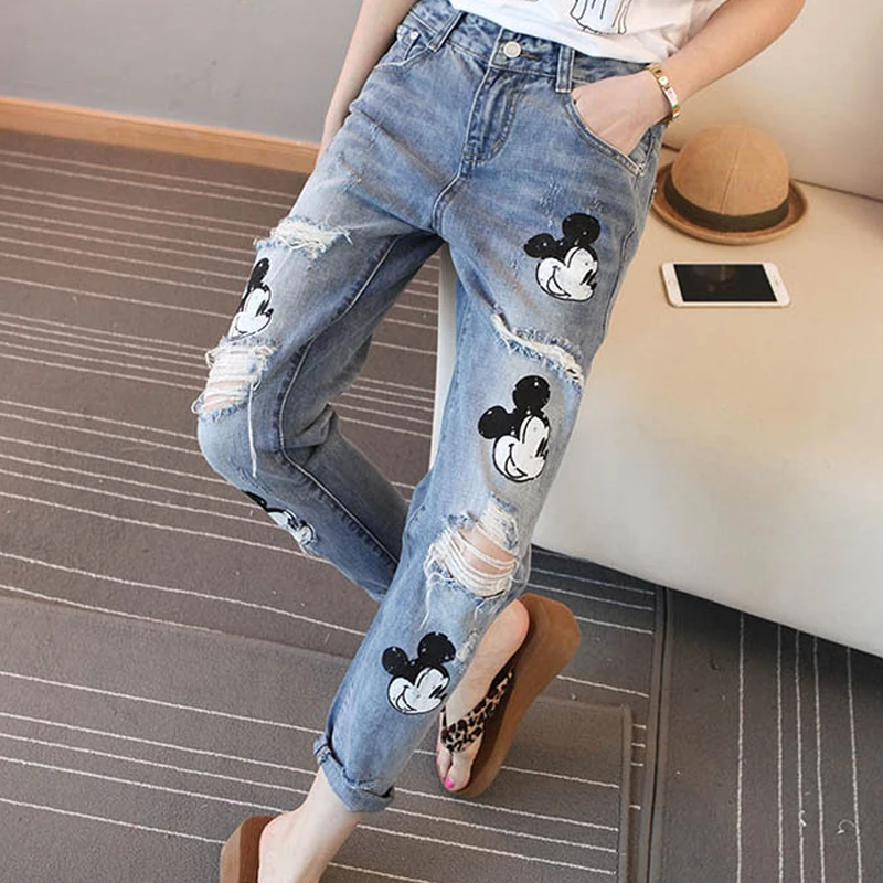 Mickey Mouse Jeans Women Distressed Ripped Boyfriend Jeans woman Cartoon Mickey Jeans Destroyed Casual Harem Denim Pants New