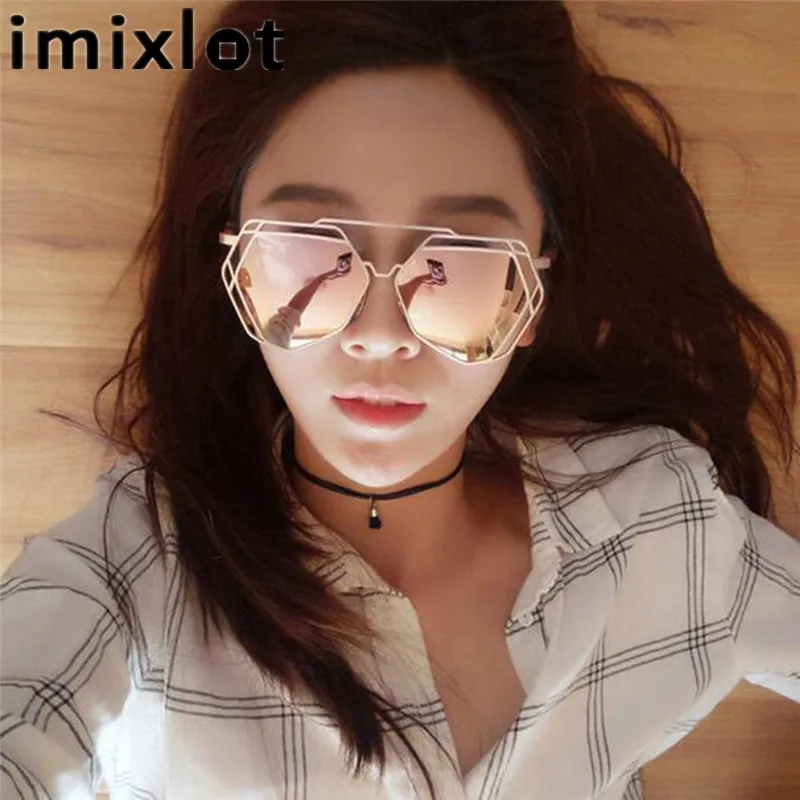 IMIXLOT Women Cat Eye Polarized Sunglasses Classic Brand Designer Twin Beams Rose Gold Frame Sun Glasses