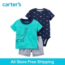 3pcs dinosaur print bodysuit tee striped shorts clothing sets Carter’s baby Boy soft cotton Spring Summer 121I389