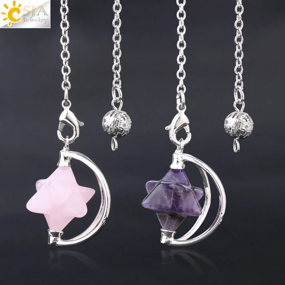 

CSJA Natural Stone Merkabah Pendulums Divination Drowsing Healing Wicca Jewelry Women Men Lapis Lazuli Pink Purple Crystal F631