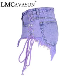 LMCAVASUN Highwaisted Мини Джинсы Шорты Для женщин обе стороны галстук Мини пикантные джинсовые шорты