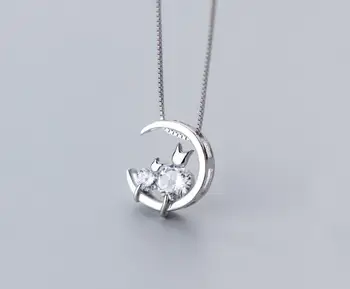 

Mother's Day Gift 100% real 925 Sterling Silver Fine Jewelry Mom &Child Kitten Cat Sitting on the Moon Necklace Pendant GTLX1812
