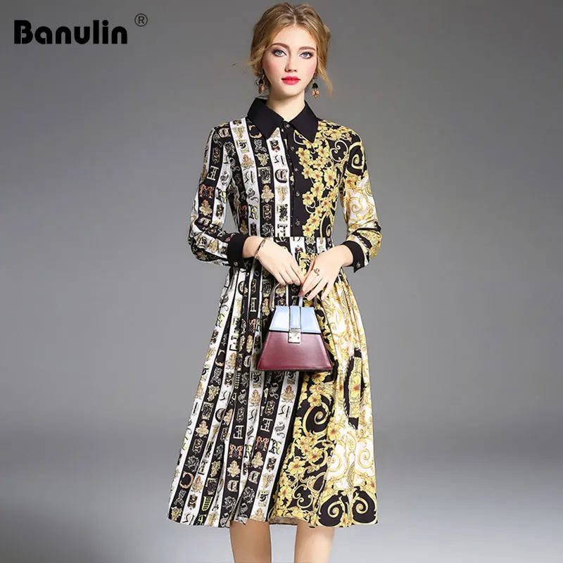 

Banulin Fashion Designer Runway Dress Spring Autumn Women Long Sleeve Printing Casual Holiday Elegant Slim Vintage Shirt Dresses