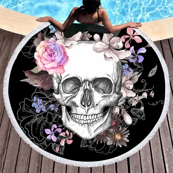 

Beautiful Flowers and Skull Round Beach Towel Tassel Tapestry Yoga Mat Blanket Microfiber Swimming Bath Towel Diameter 150cm