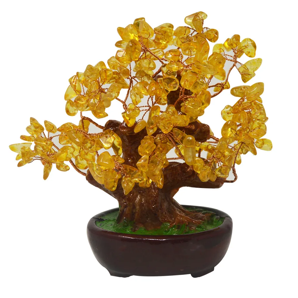 Feng Shui Natural Yellow Quartz Crystal Money Tree Bonsai Style
