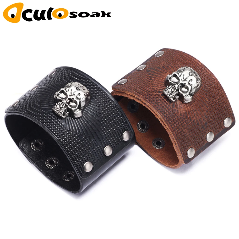 

Vintage Punk Big Wide Genuine Leather Braid Wrap Bracelet Skull Bangle Wristband Cuff Snap Clasps for Male Men Jewelry Gifts