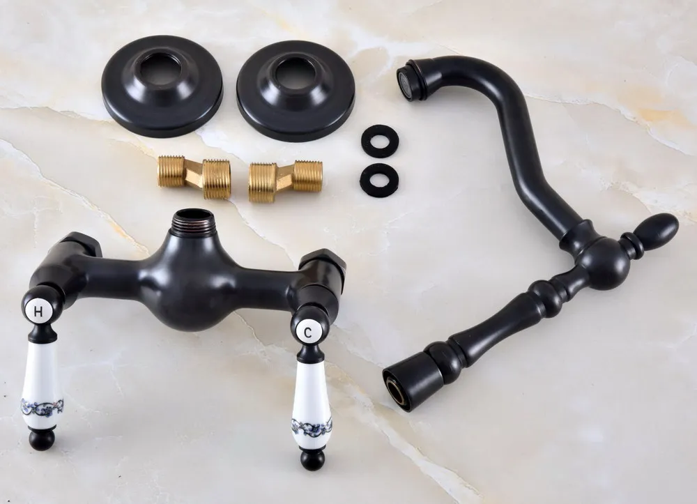 Black Oil Rubbed Bronze Wall Mounted Bathroom Kitchen Sink Faucet Swivel Spout Mixer Tap Dual Ceramics Handles Levers anf865