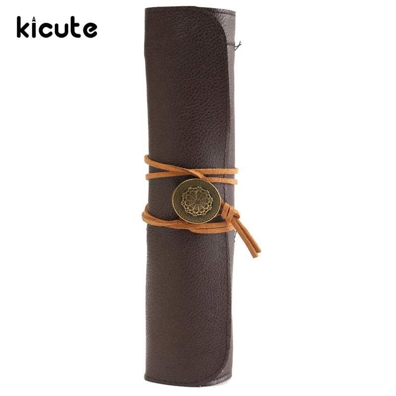 Kicute, новинка, 5 отверстий, коричневый, из искусственной кожи, свернутый, чехол для карандашей, сумка для хранения, косметичка, держатель, сумка для ручек, сумка, офисная, Школьная, канцелярская