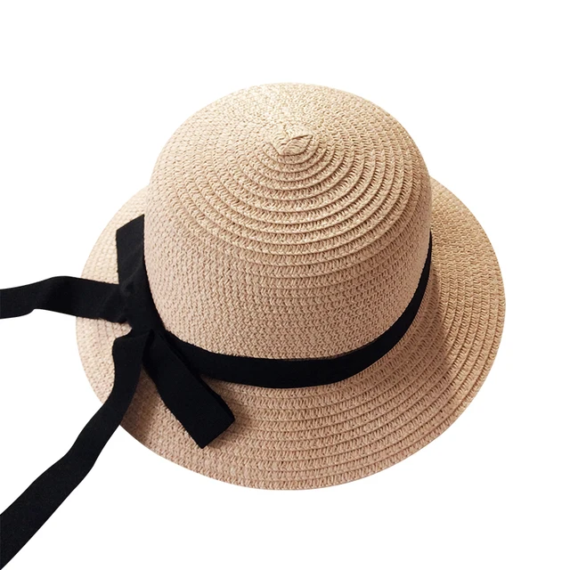 Girls Summer Cap Black Ribbon Decorate Wavy Straw Hat For Girls Children Panama Hat Kids Sun Cap Baby Beach Hats pink black ribbon