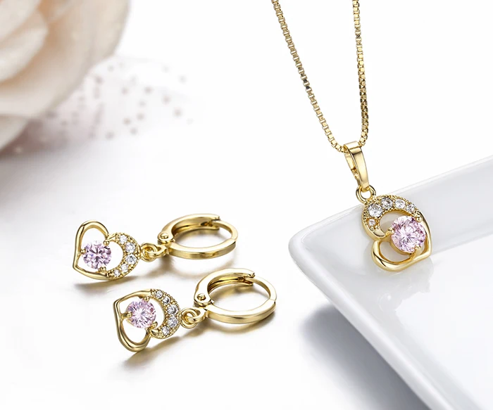 Cute Gold Color Love Heart with Pink or White CZ Drop Earrings Pendant Necklace Small Jewelry Sets for Women Children Girls Kids