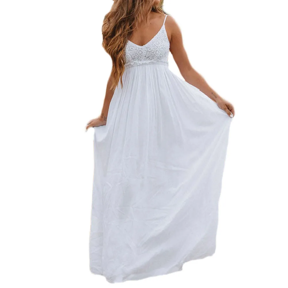 

Fashion Summer Long Dress Women Sexy Lace Camisole Sleeveless Off Shoulder Backless Chiffon Party Long Dress#Gu