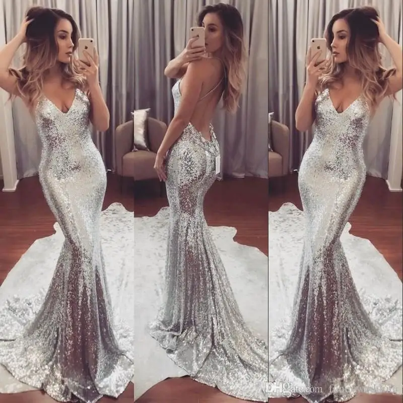 

Robe de soiree Sexy Sliver Sequined Mermaid Evening Dress 2019 In Stock Long Prom Gown Custom Made Vestido de noche