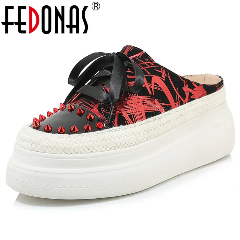 

FEDONAS Fashion Punk Round Toe Slingbacks Women Flats New Print Genuine Leather Spring Summer Sandals Party Casual Shoes Woman