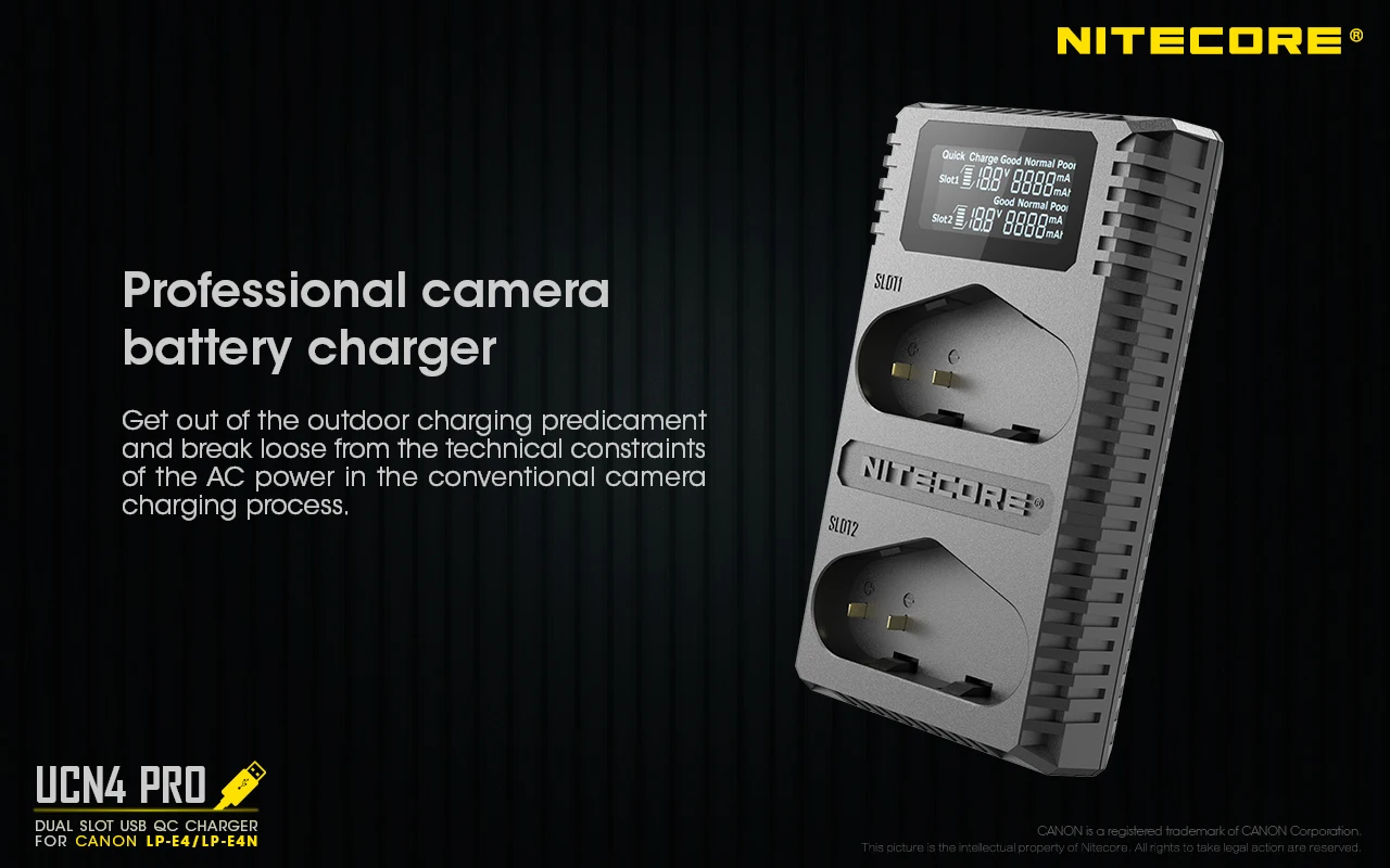 Nitecore UCN4 Pro Двойной слот USB QC LP-E4 LP-E4N LP-E19 Зарядное устройство для зеркальных фотокамер Canon EOS 1D 1DX 1DS Mark II III зеркальная Камера Батарея