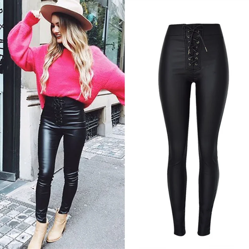 LOGAMI/женские кожаные брюки с высокой талией на шнуровке; женские брюки-карандаш черного цвета из искусственной кожи - Цвет: Черный