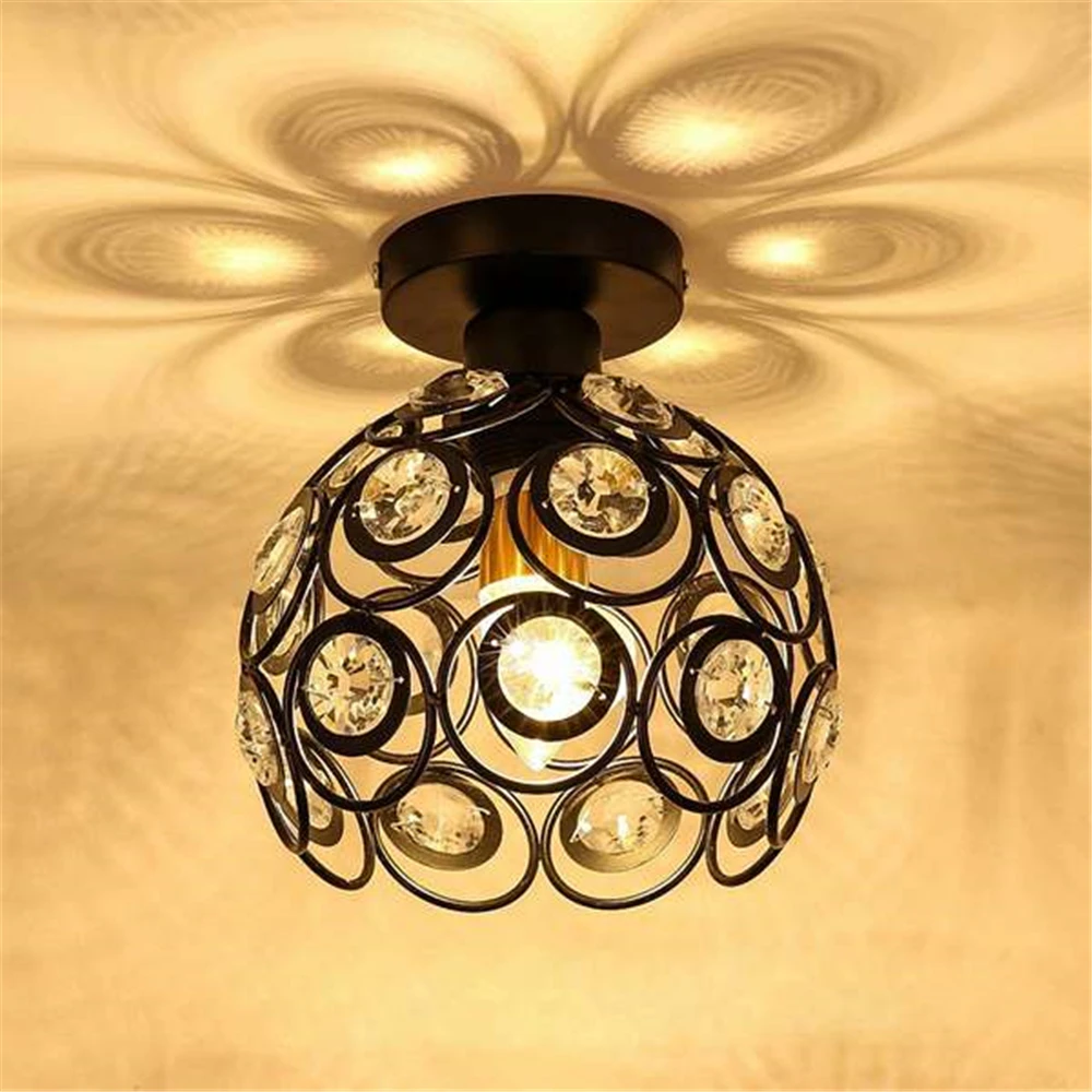 

E27 Black Creative Crystal Minimalist Ceiling Light Single Wall Ceiling Lamp Bedroom Light Single Iron Lamps Crystal Decor Lamps