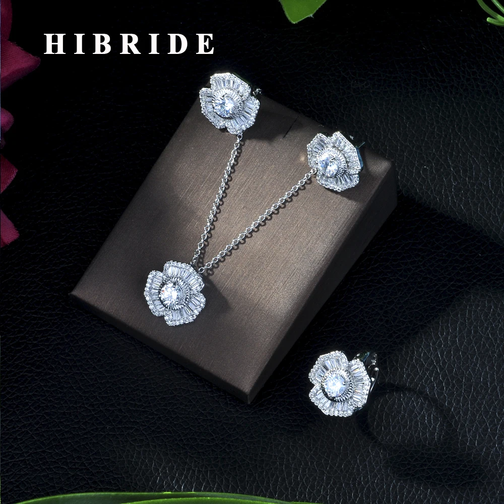 HIBRIDE Luxury Cubic Zirconia Necklace Bracelet Earring and Ring 4pcs Dubai Full Jewelry Set for Women,Bridal Dress Dinner N-222