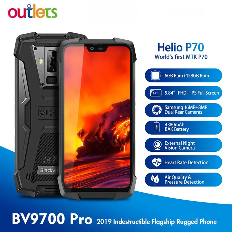 

Blackview BV9700 Pro Helio P70 6GB+128GB Android 9.0 Smartphone 16+8MP Night Vision Dual Camera IP68 Waterproof Mobile Phone